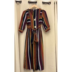 Chelsea & Theodore Striped Tie Waist Gold Button Boho Midi Dress Womens Size S